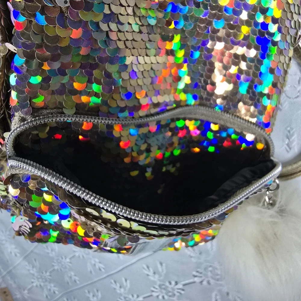 Justice Kids Unicorn Sequin Backpack I Initial, Pompom, Rainbow, Color‎ Changing